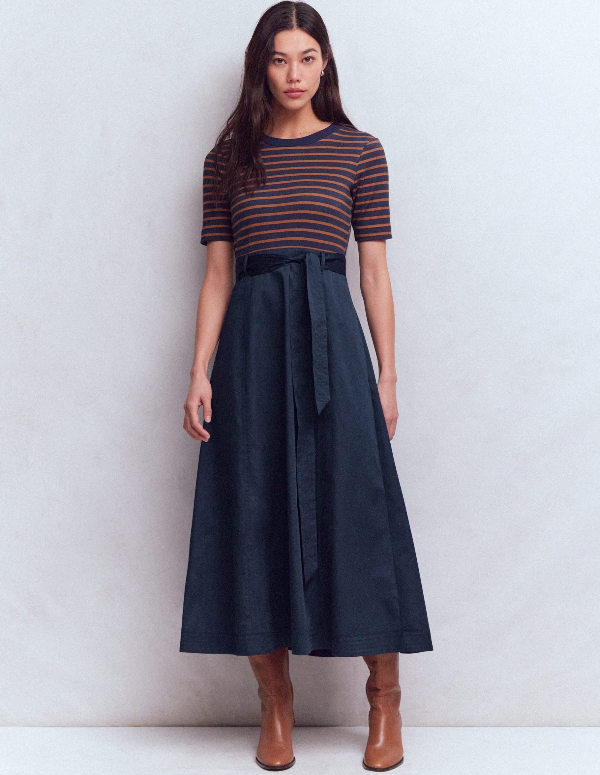 Crew Neck Mix Media Dress-Navy and Gingerbread Stripe - Image 4