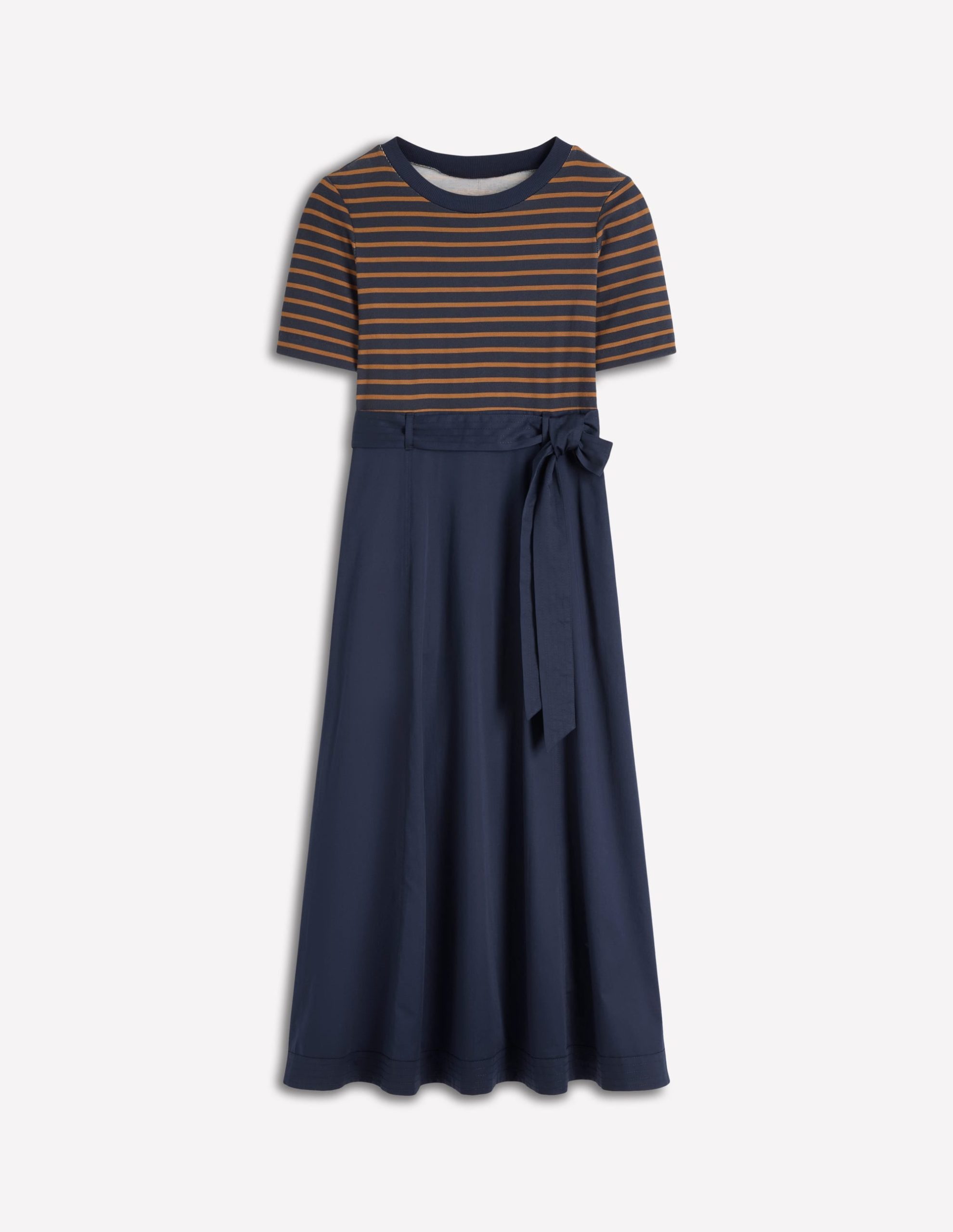 Crew Neck Mix Media Dress-Navy and Gingerbread Stripe - Image 5