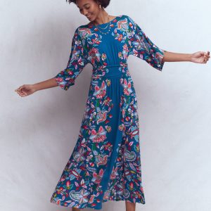 Imelda Kimono Jersey Dress-Blue. Botanical Trail