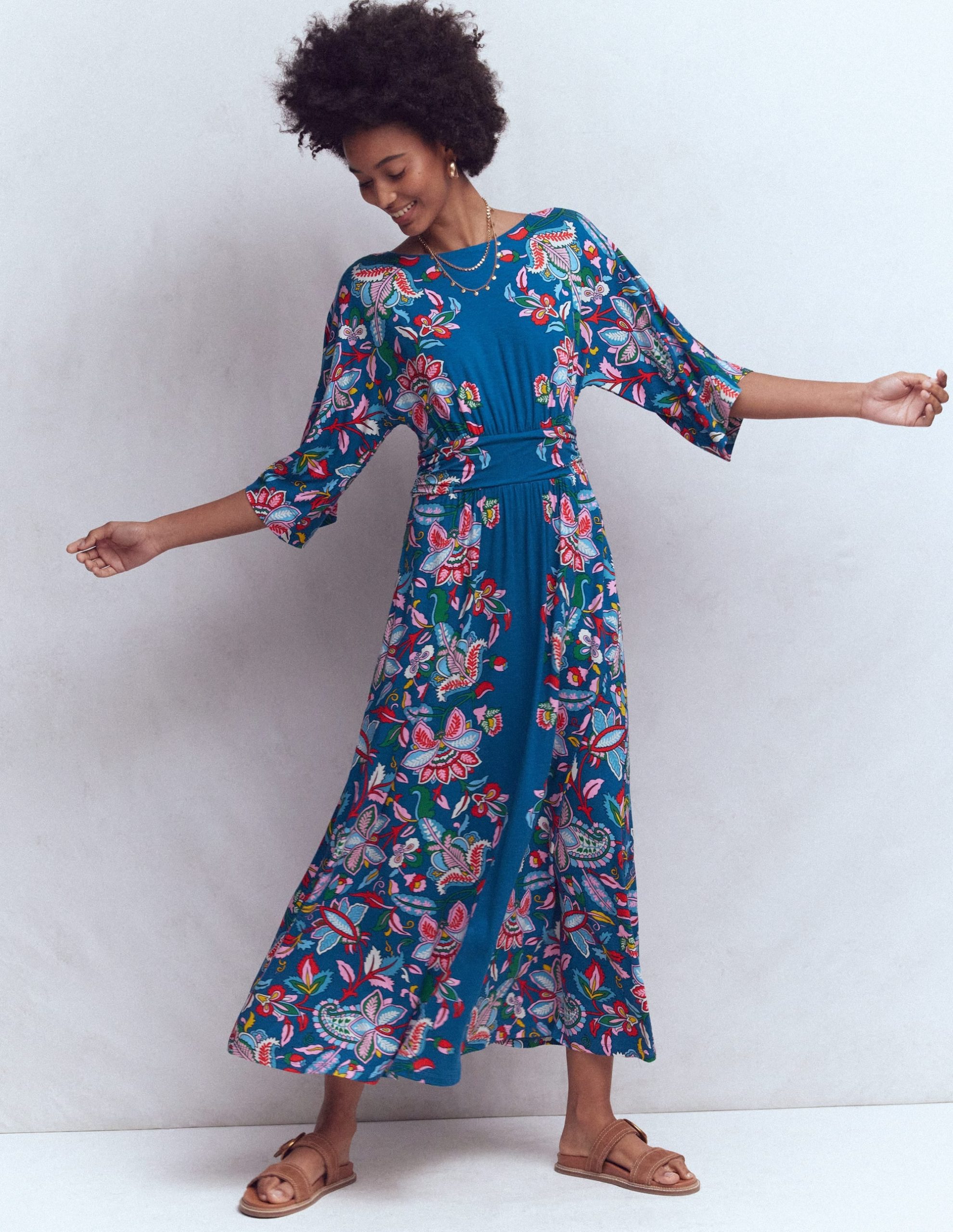 Imelda Kimono Jersey Dress-Blue. Botanical Trail