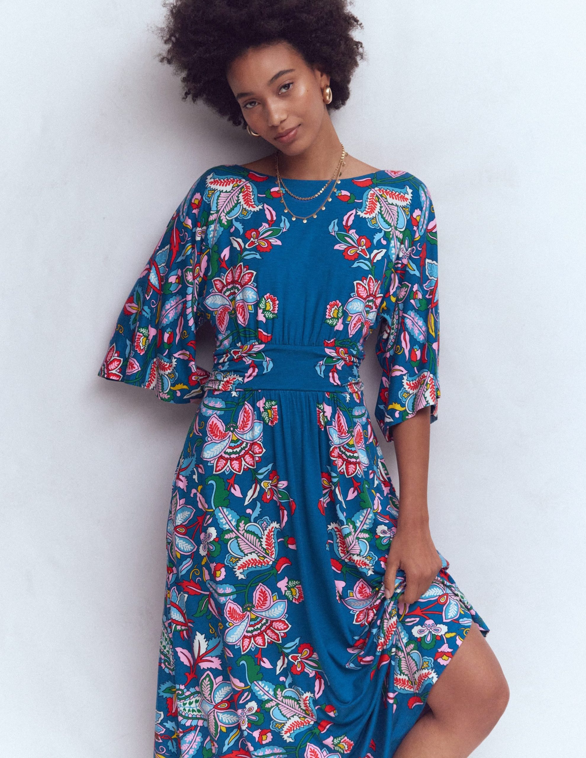 Imelda Kimono Jersey Dress-Blue. Botanical Trail - Image 4
