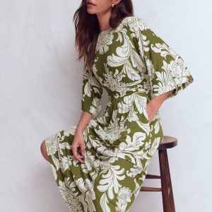 Imelda Kimono Jersey Dress-Olive. Botanical Flourish Mono
