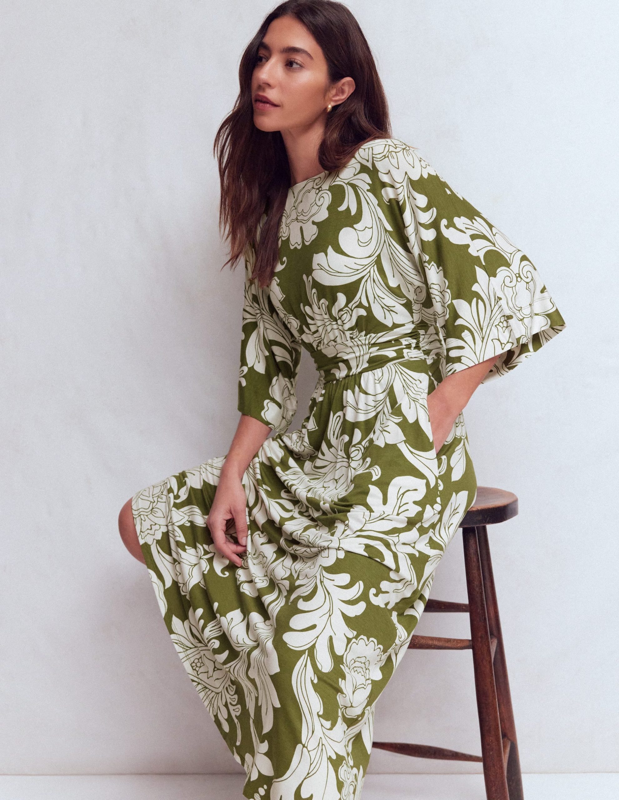 Imelda Kimono Jersey Dress-Olive. Botanical Flourish Mono