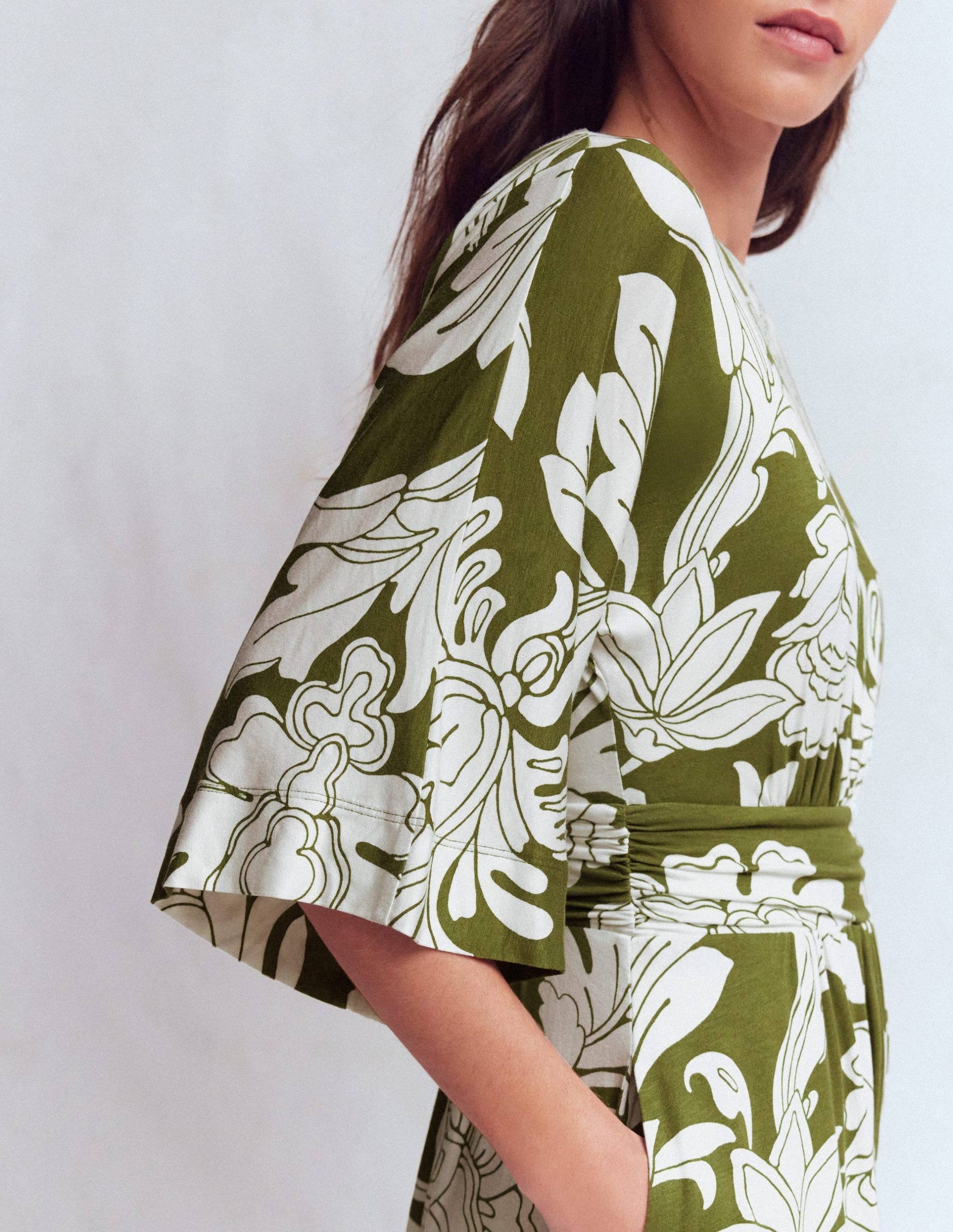 Imelda Kimono Jersey Dress-Olive. Botanical Flourish Mono - Image 2