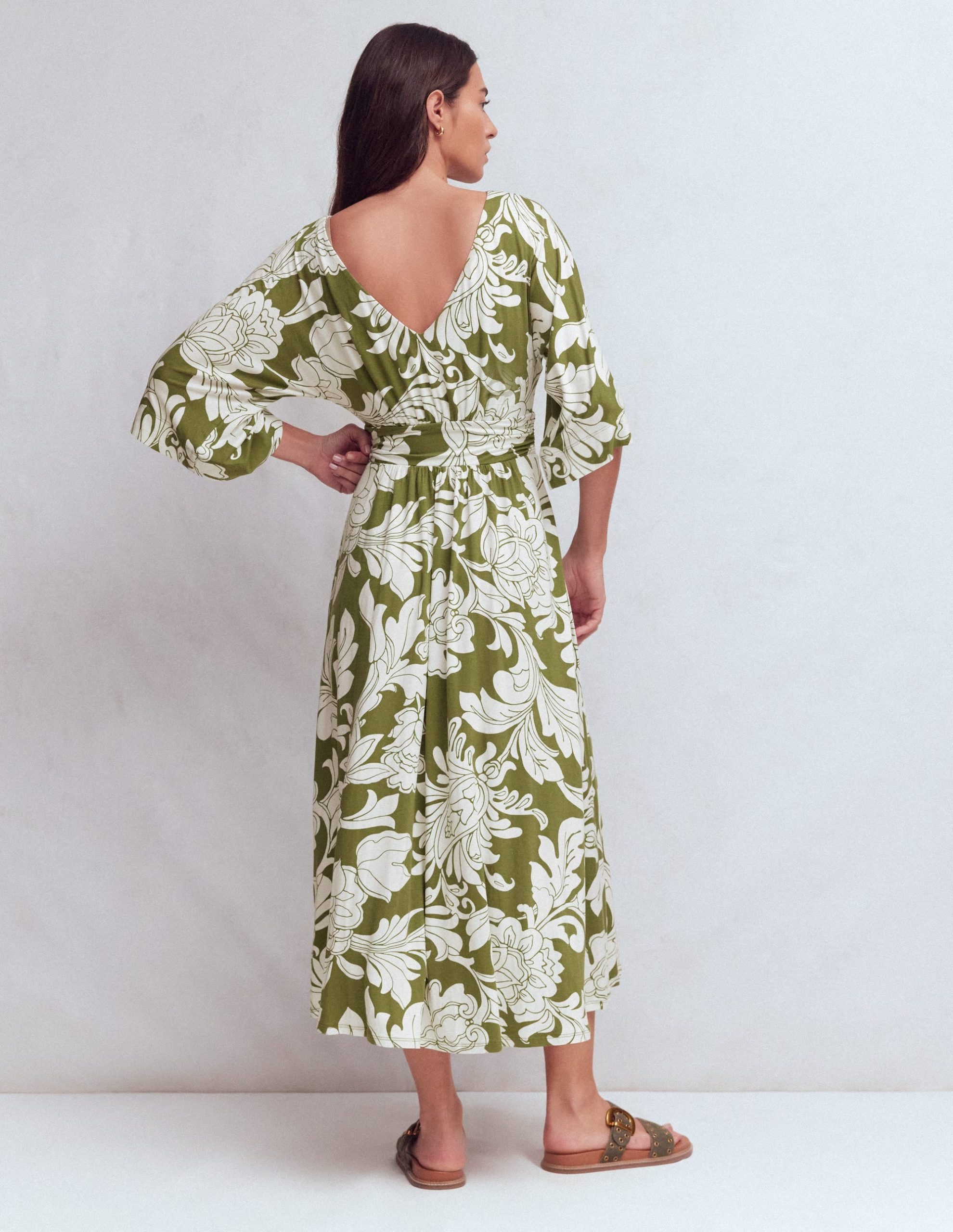 Imelda Kimono Jersey Dress-Olive. Botanical Flourish Mono - Image 3