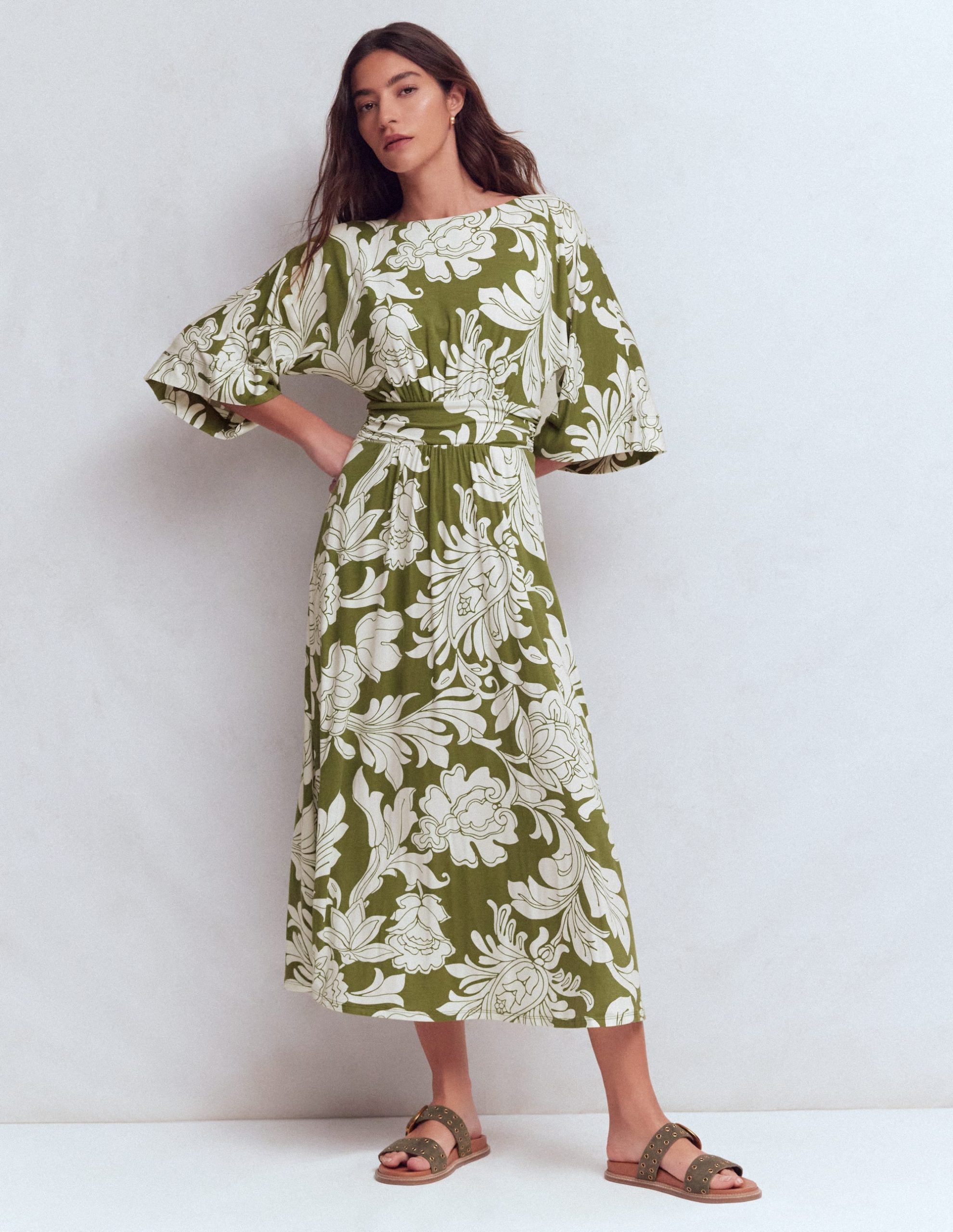 Imelda Kimono Jersey Dress-Olive. Botanical Flourish Mono - Image 4