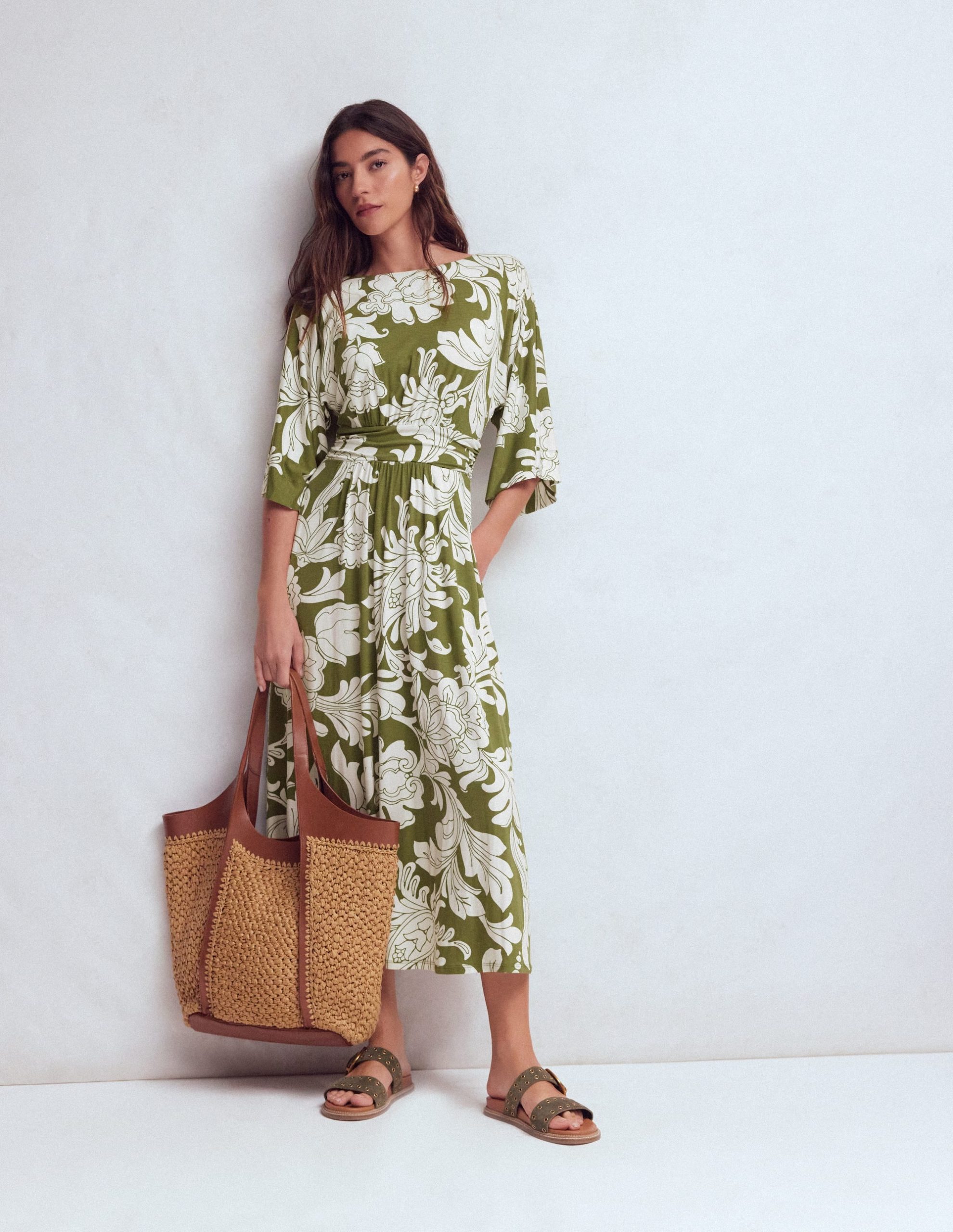 Imelda Kimono Jersey Dress-Olive. Botanical Flourish Mono - Image 5