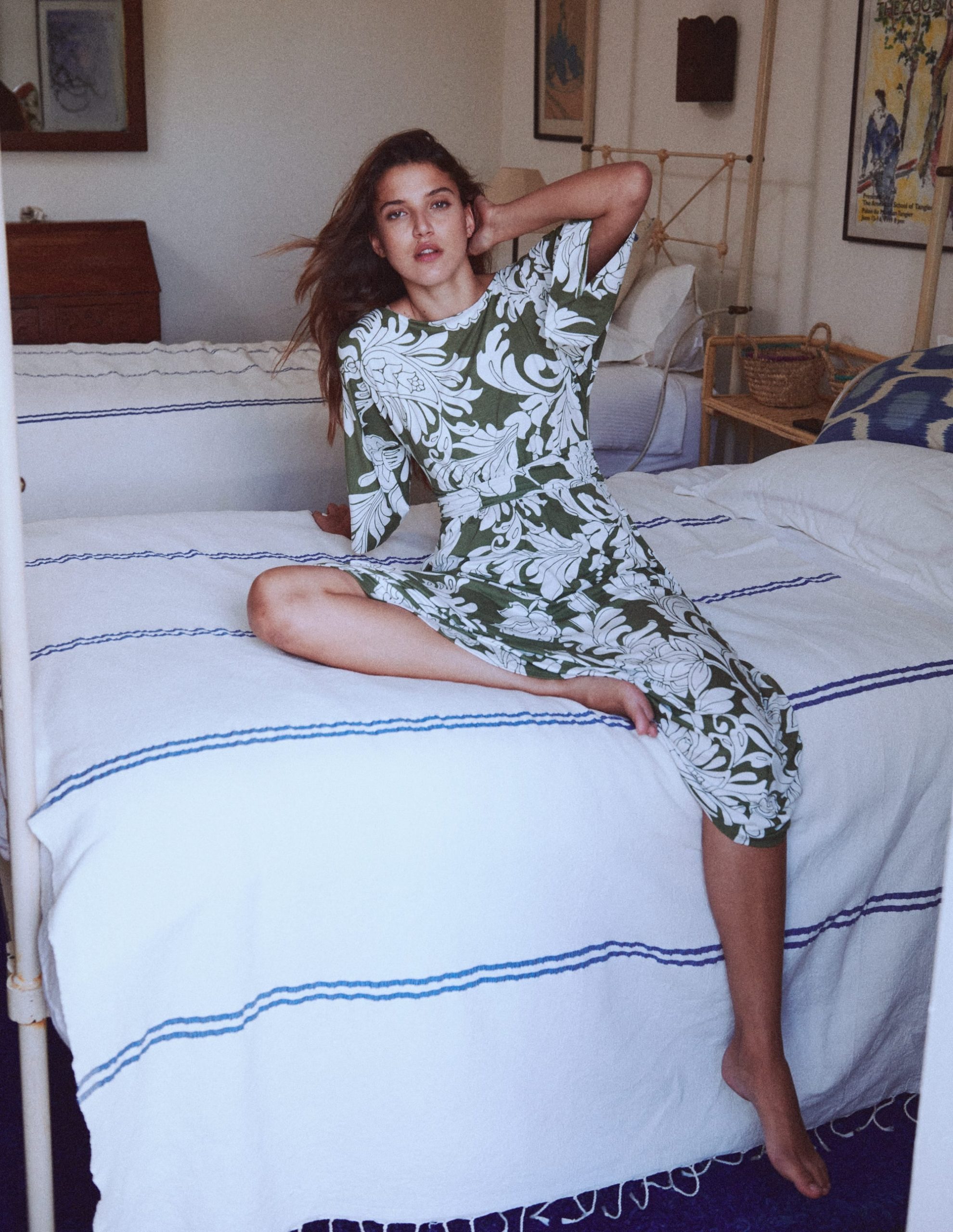 Imelda Kimono Jersey Dress-Olive. Botanical Flourish Mono - Image 6
