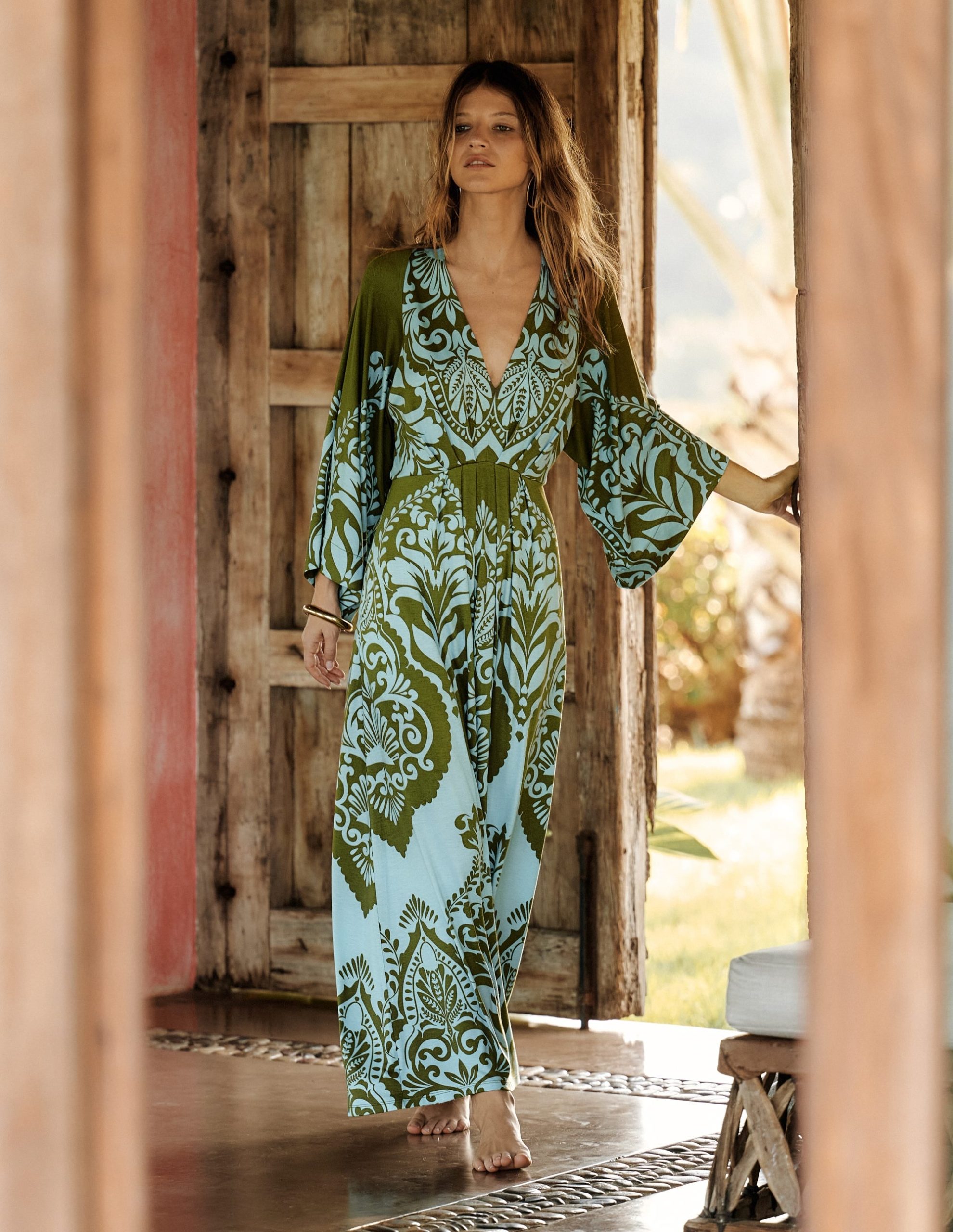 Nell Kimono Midi Jersey Dress-Olive. Ornamental Garden - Image 5