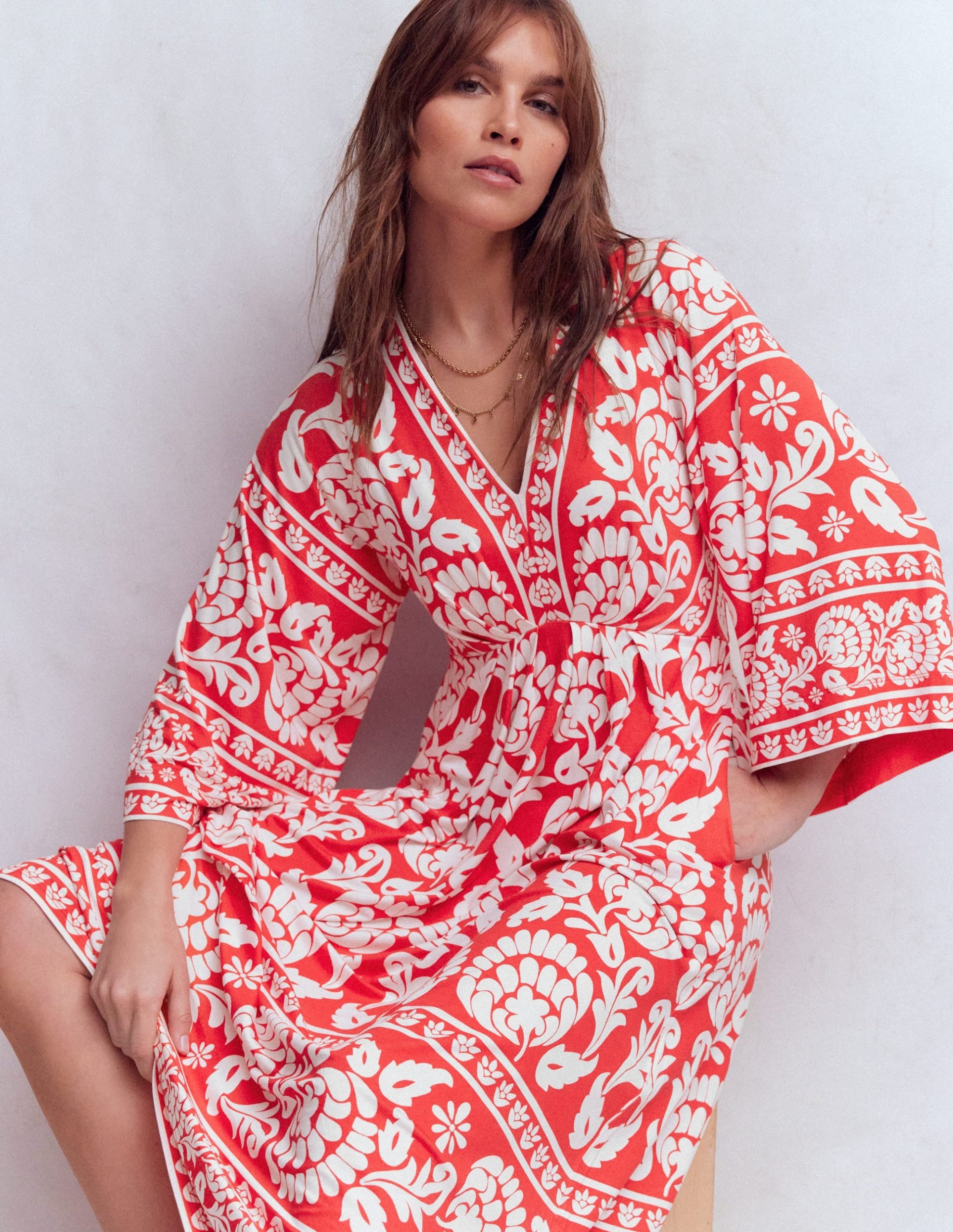 Nell Kimono Midi Jersey Dress-Bright Cherry. Ornate Floret - Image 2