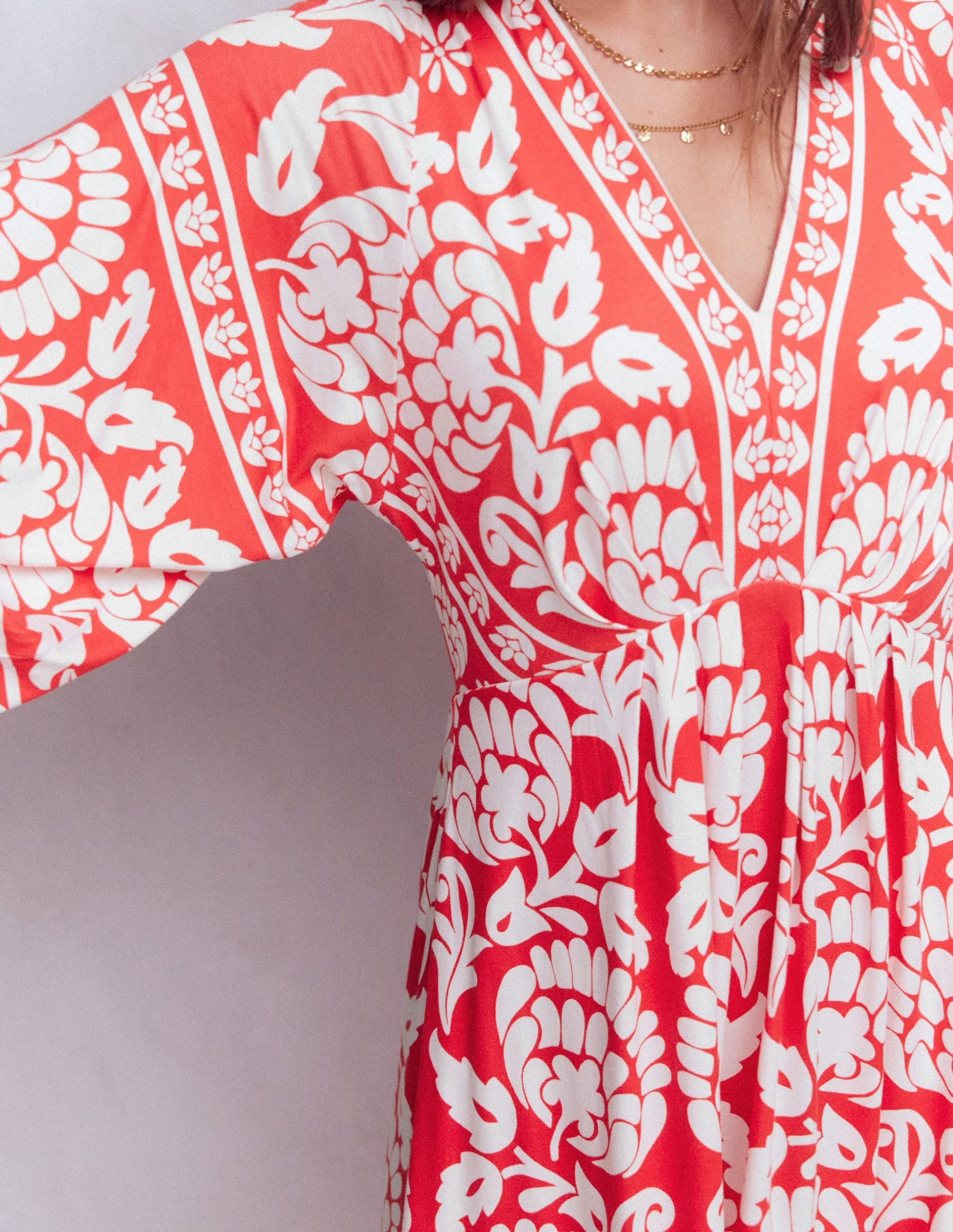 Nell Kimono Midi Jersey Dress-Bright Cherry. Ornate Floret - Image 3