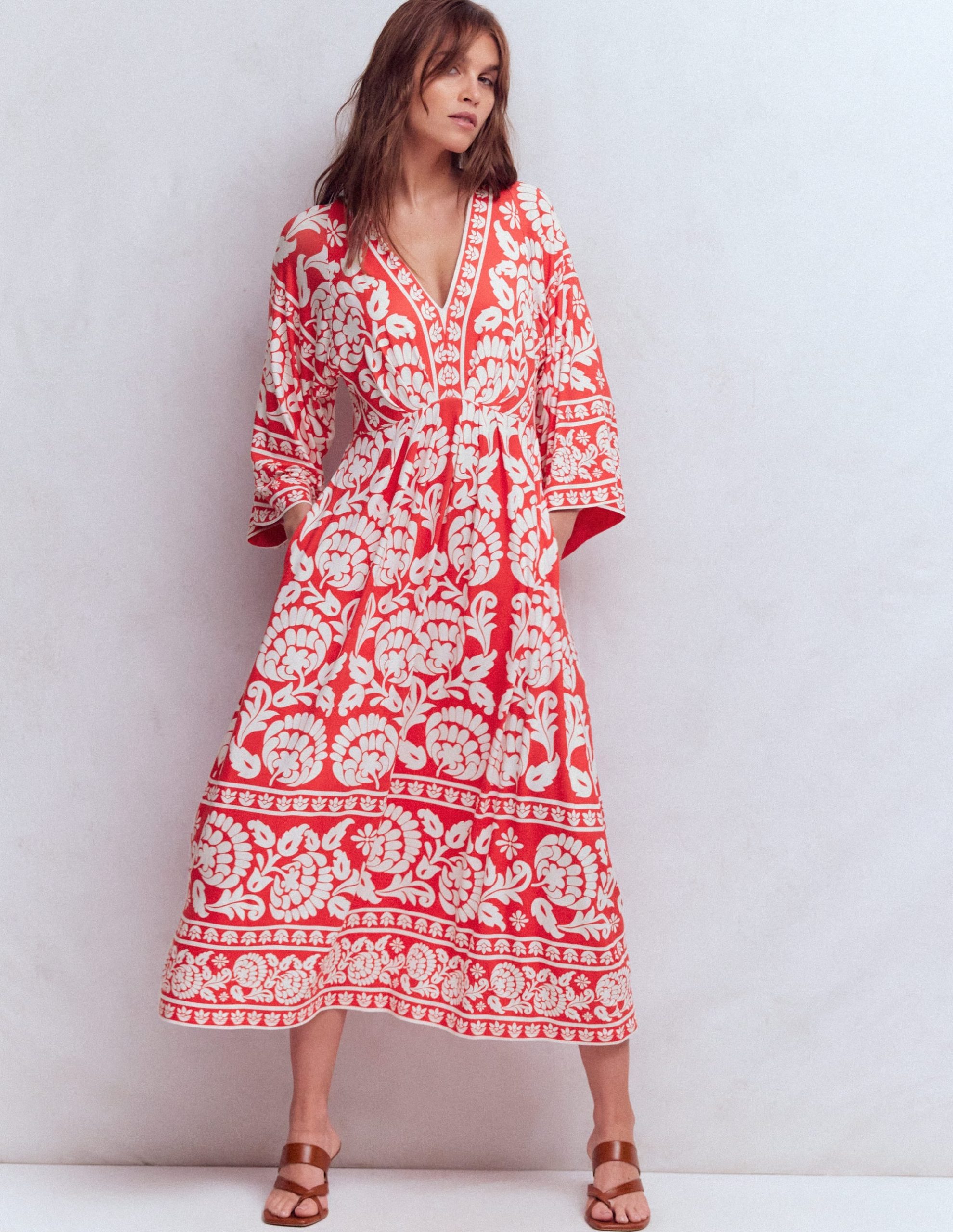 Nell Kimono Midi Jersey Dress-Bright Cherry. Ornate Floret