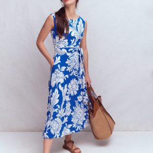 Tamsin Jersey Midi Dress-Blue. Botanical Flourish Mono