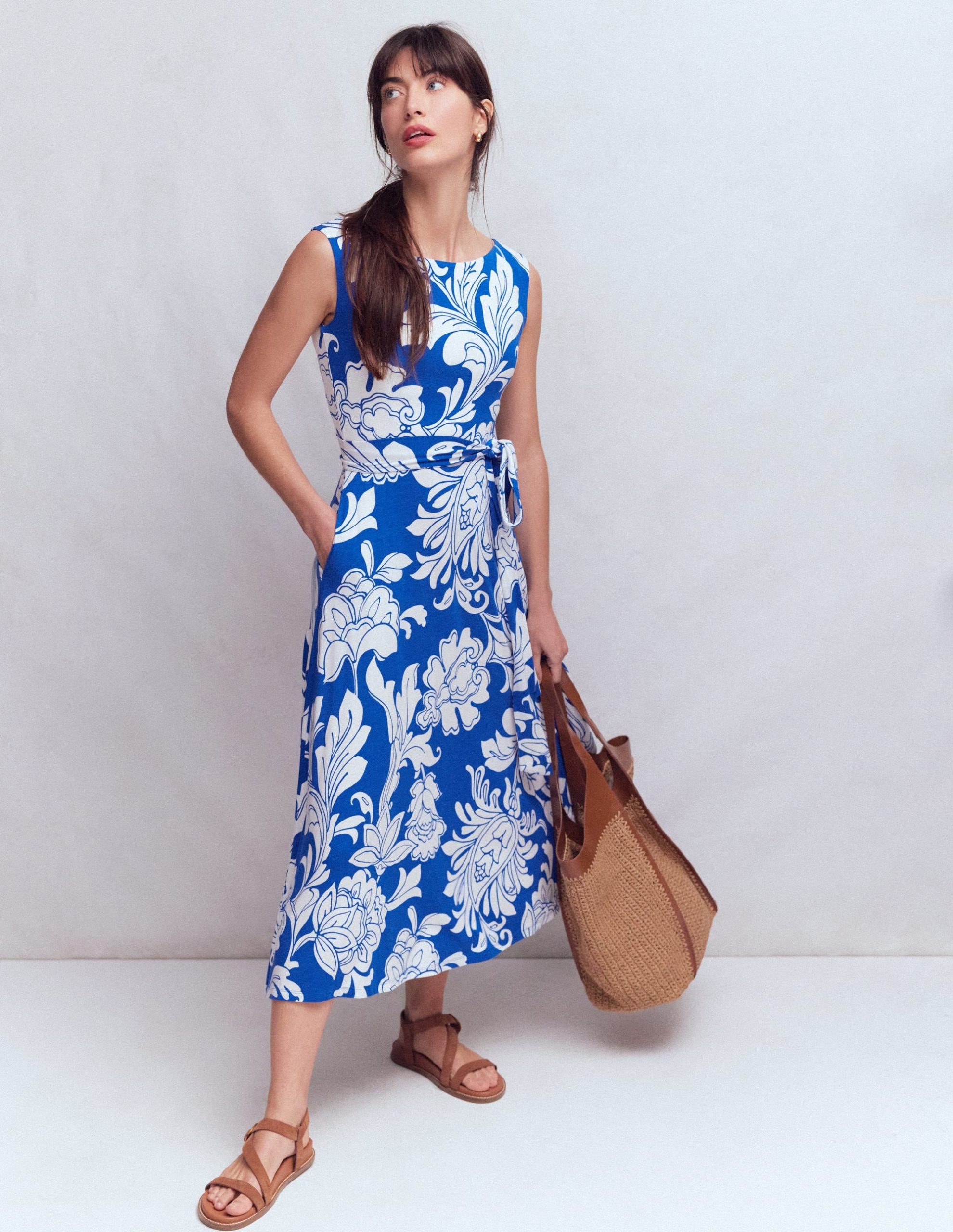 Tamsin Jersey Midi Dress-Blue. Botanical Flourish Mono