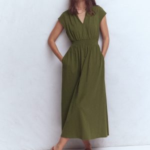 Alba Smocked Jersey Midi Dress-Olive