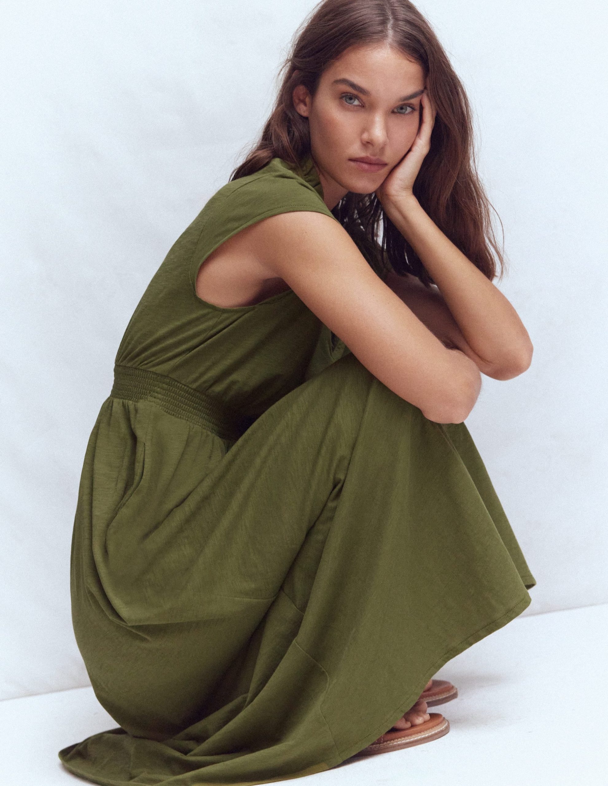Alba Smocked Jersey Midi Dress-Olive - Image 4