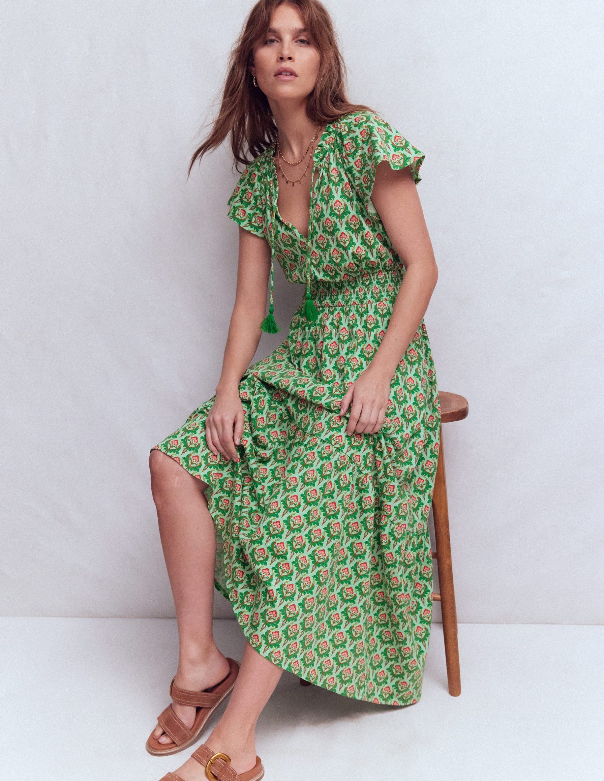 Tala Tiered Jersey Maxi Dress-Pistachio. Ornamental Stamp