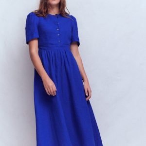 Ivy Button Linen Midi Dress-Bright Blue