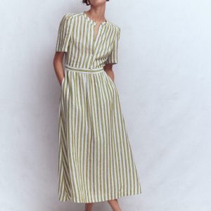 Ivy Button Linen Midi Dress-Olive. Ivory Stripe