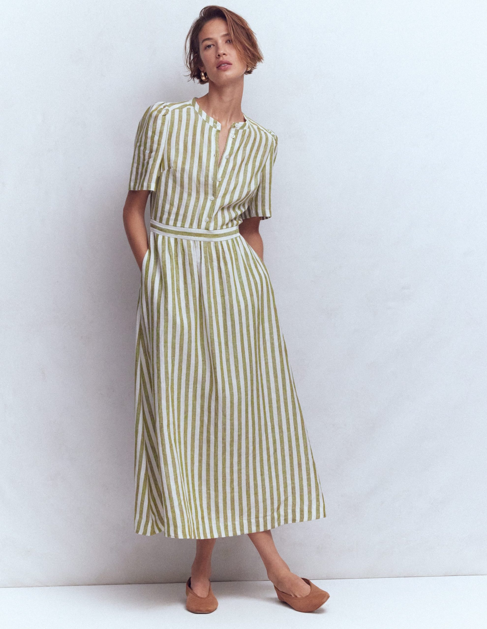 Ivy Button Linen Midi Dress-Olive. Ivory Stripe