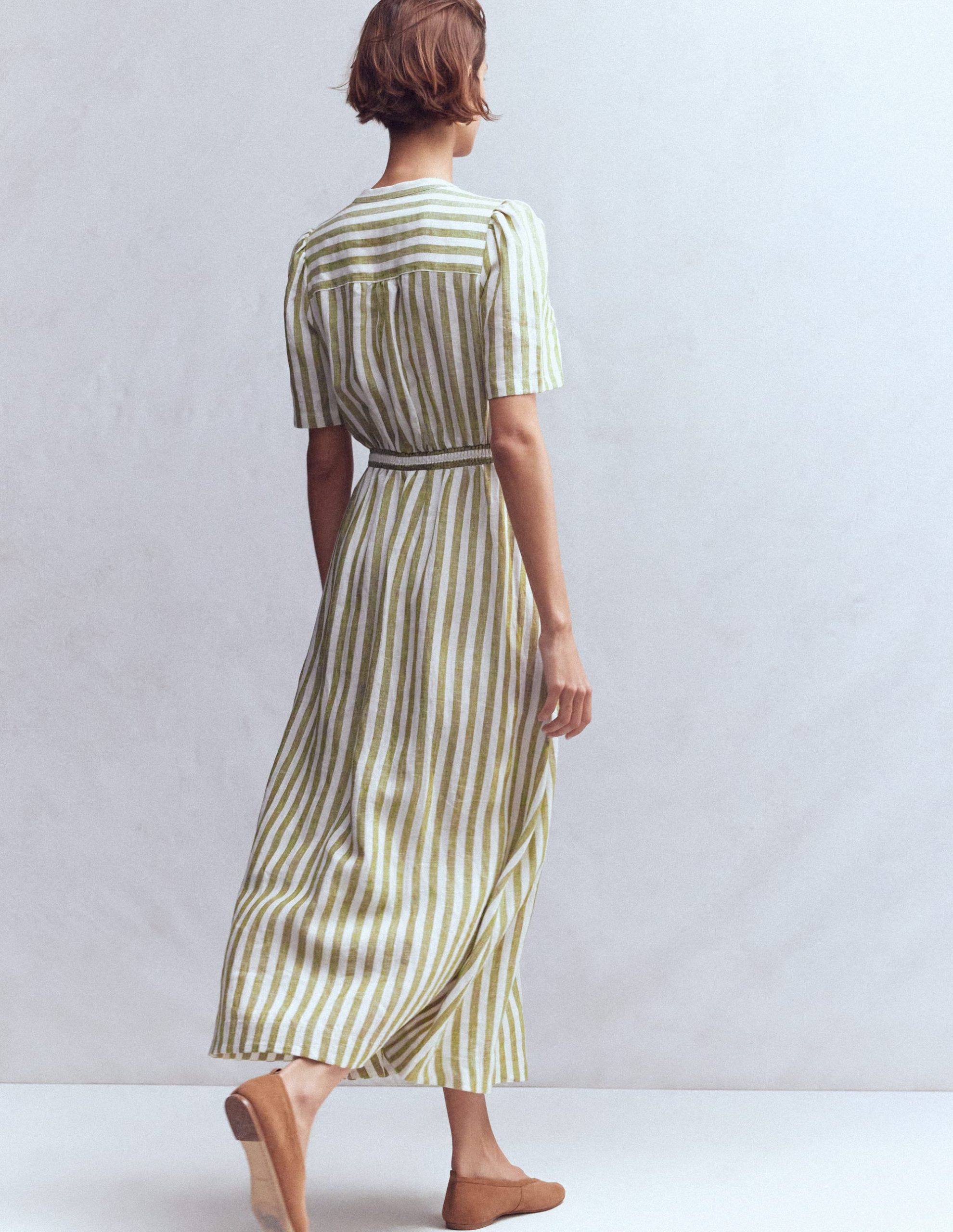 Ivy Button Linen Midi Dress-Olive. Ivory Stripe - Image 3