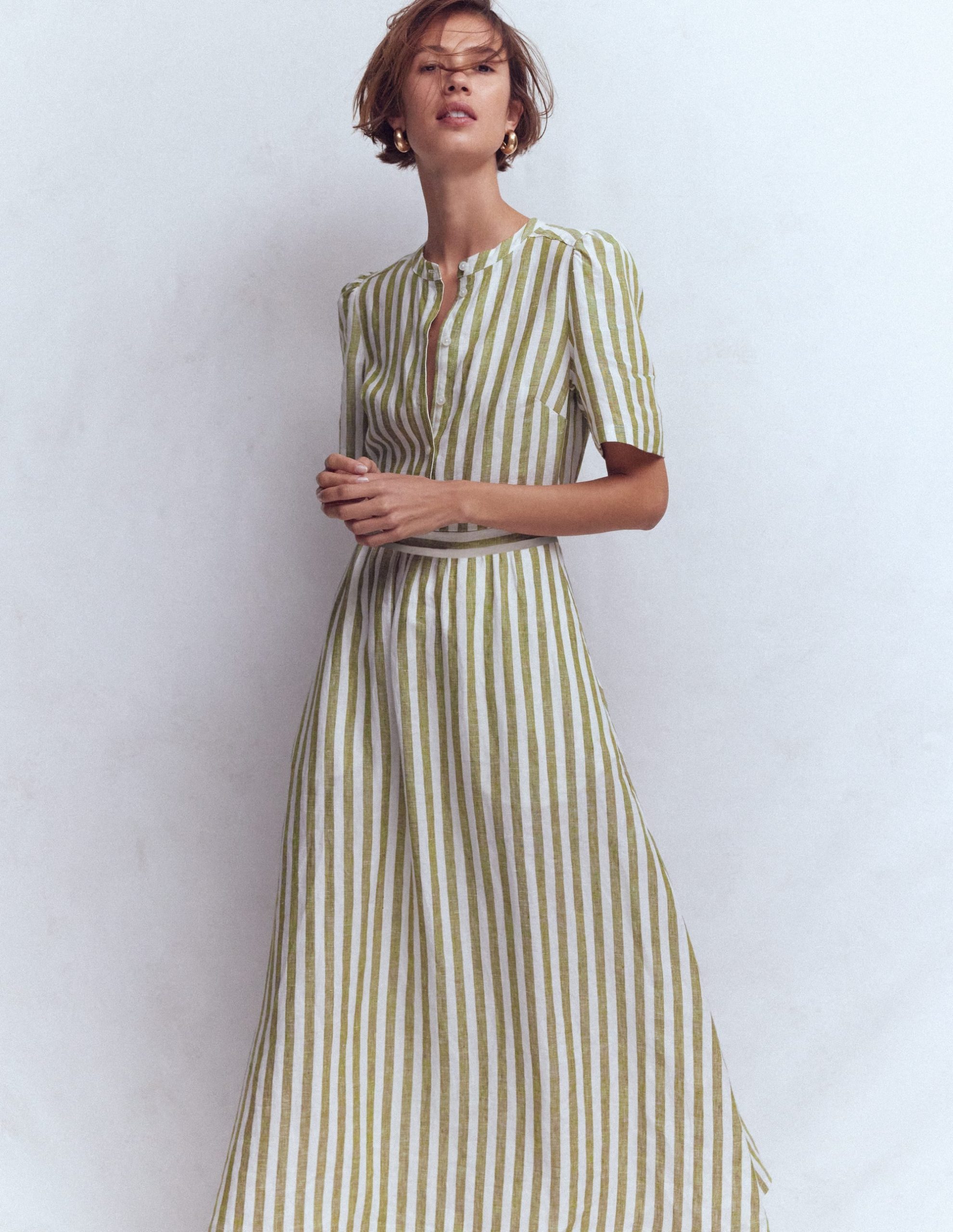Ivy Button Linen Midi Dress-Olive. Ivory Stripe - Image 4