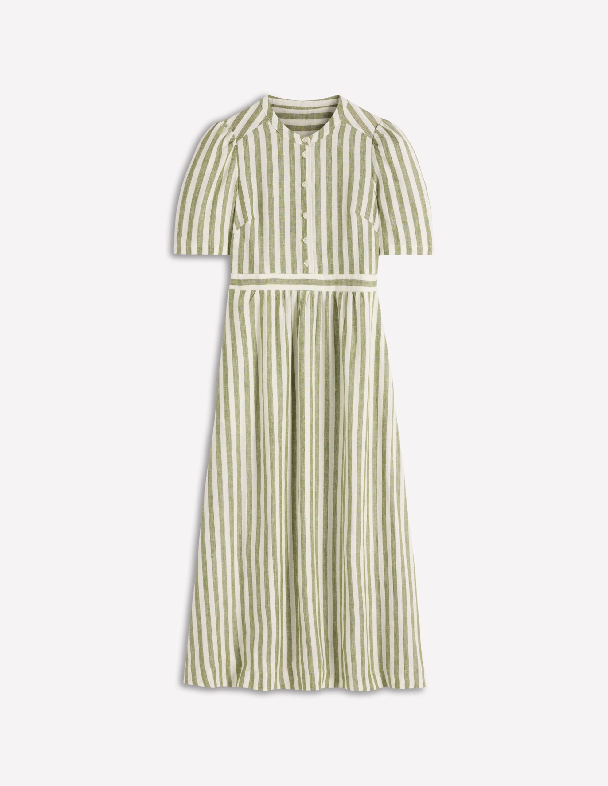 Ivy Button Linen Midi Dress-Olive. Ivory Stripe - Image 6