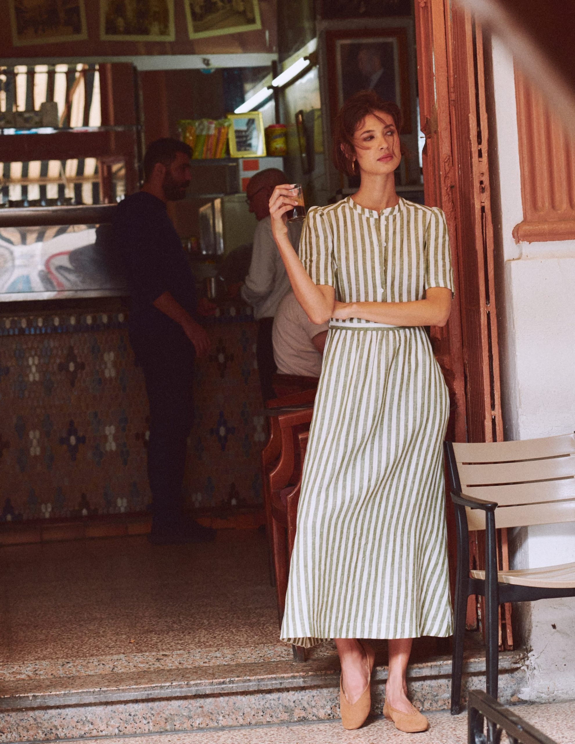 Ivy Button Linen Midi Dress-Olive. Ivory Stripe - Image 5