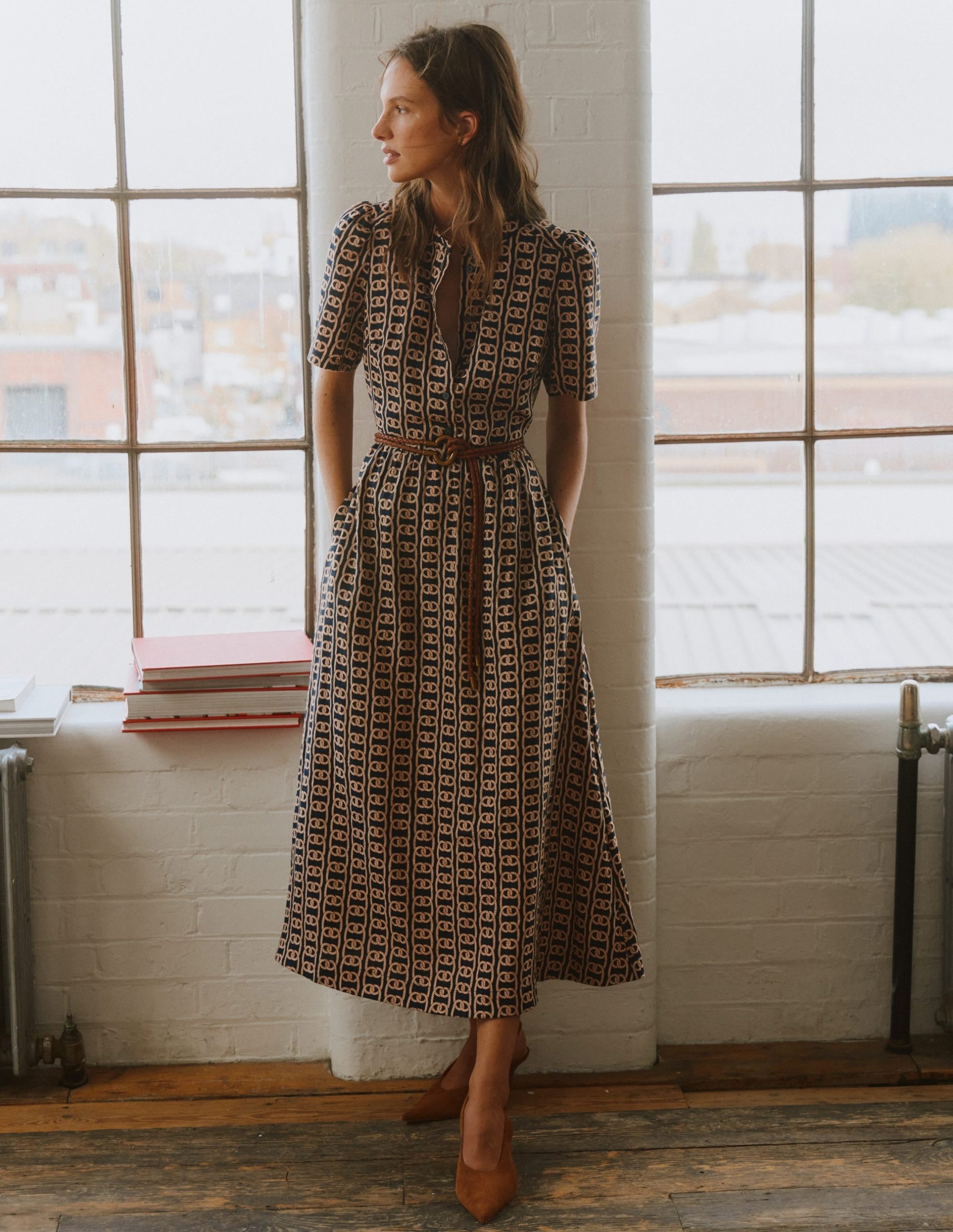 Ivy Button Linen Midi Dress-French Navy. Rope Trellis - Image 6