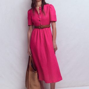 Ivy Button Linen Midi Dress-Pink Peony