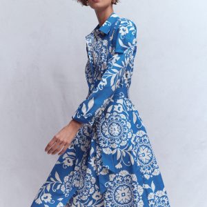 Alexa Cotton Midi Shirt Dress-Blue. Decorative Blossom