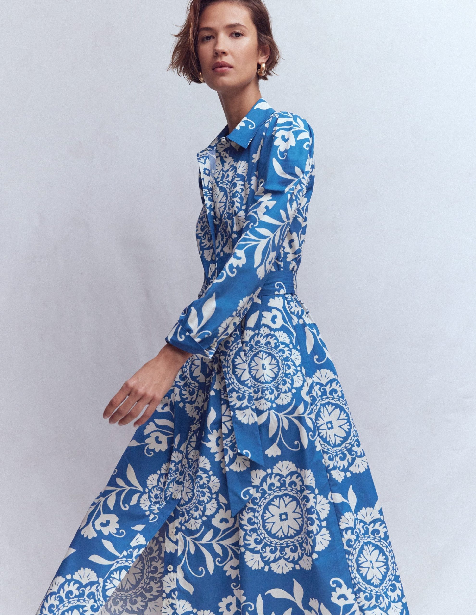 Alexa Cotton Midi Shirt Dress-Blue. Decorative Blossom