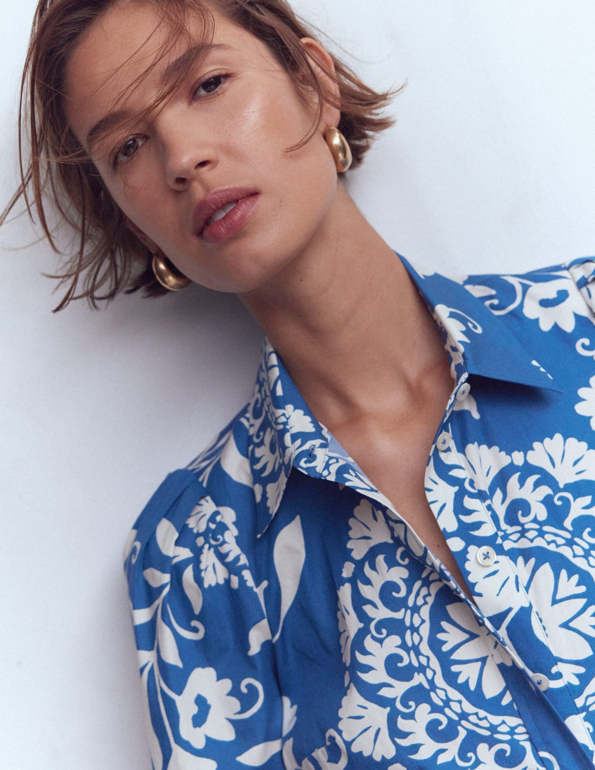 Alexa Cotton Midi Shirt Dress-Blue. Decorative Blossom - Image 2