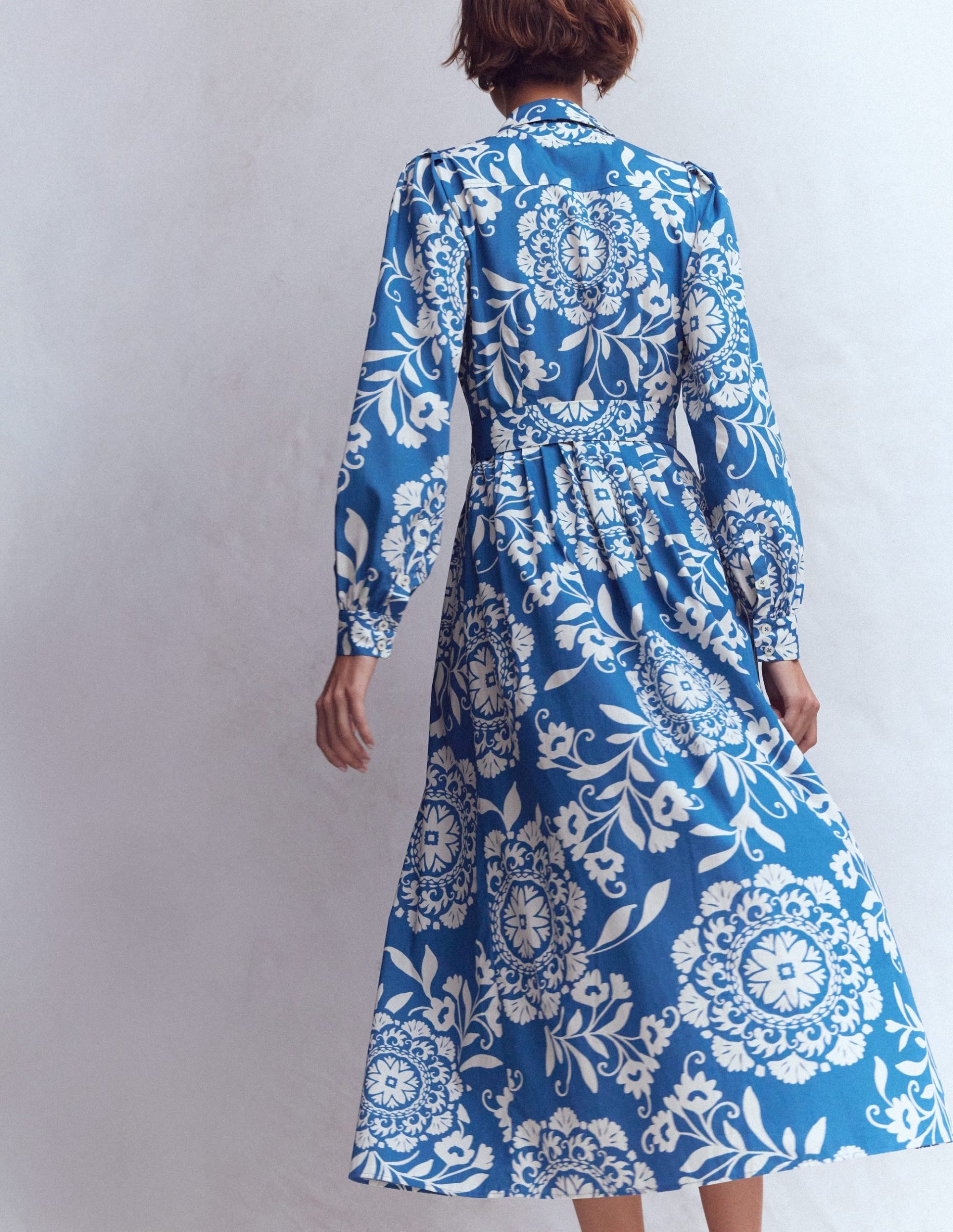 Alexa Cotton Midi Shirt Dress-Blue. Decorative Blossom - Image 3