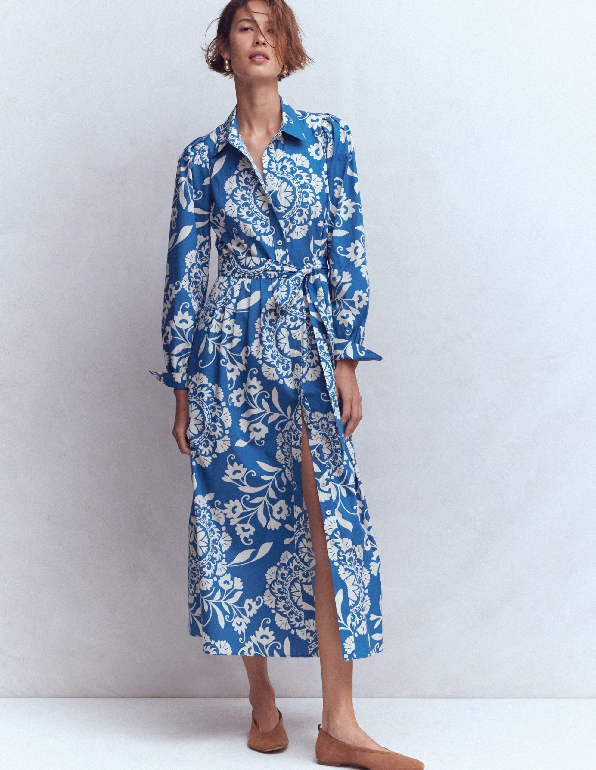 Alexa Cotton Midi Shirt Dress-Blue. Decorative Blossom - Image 4