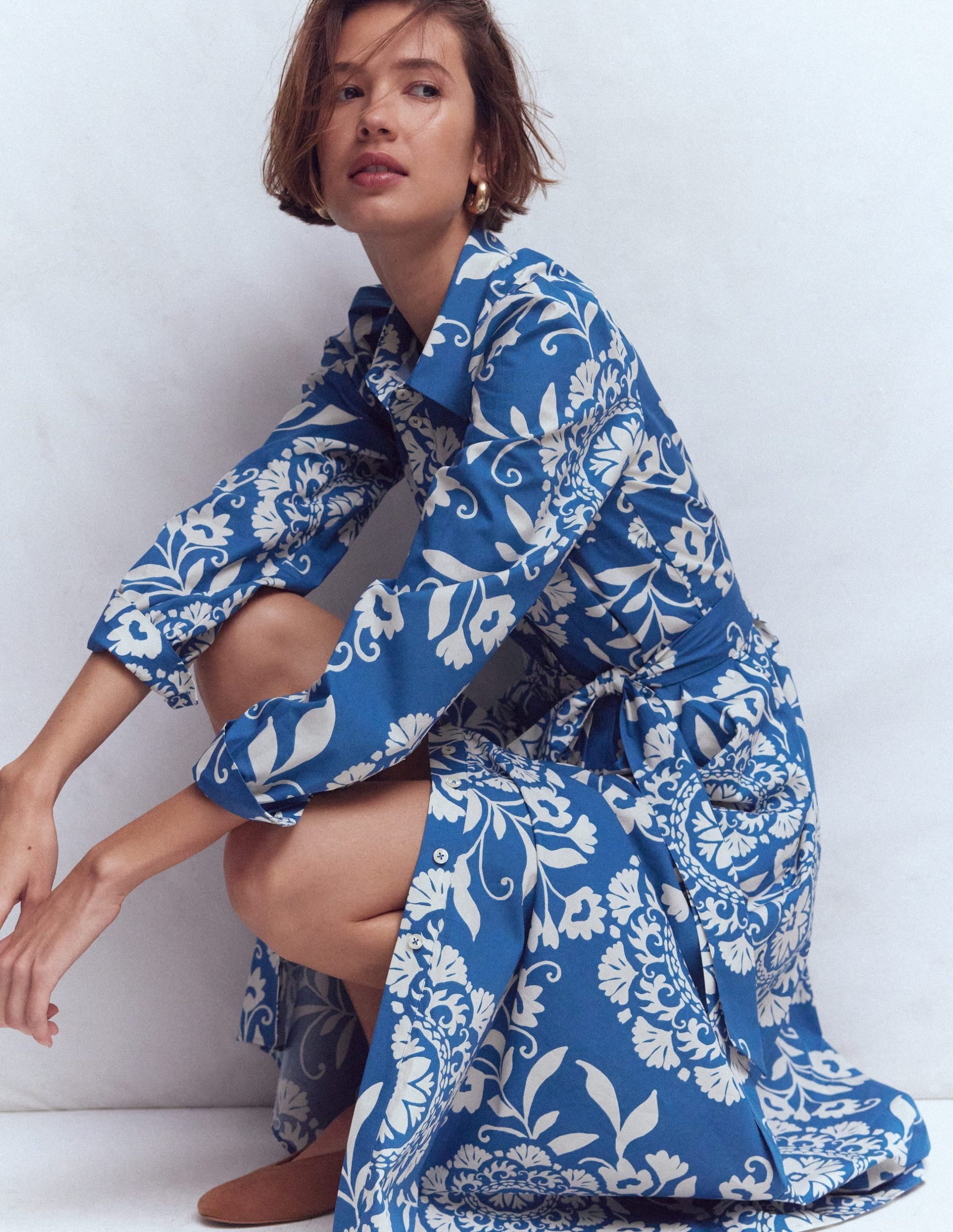 Alexa Cotton Midi Shirt Dress-Blue. Decorative Blossom - Image 5