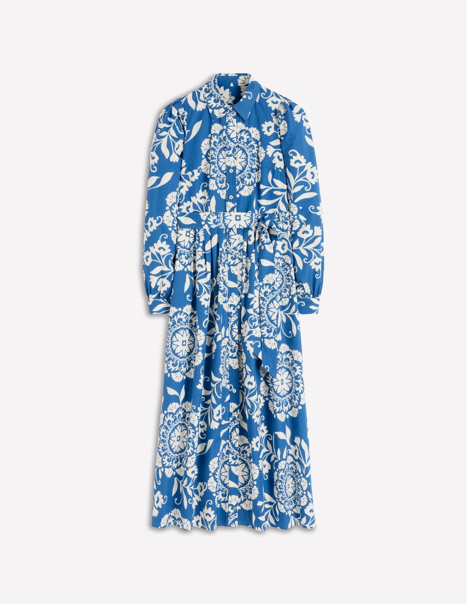 Alexa Cotton Midi Shirt Dress-Blue. Decorative Blossom - Image 7