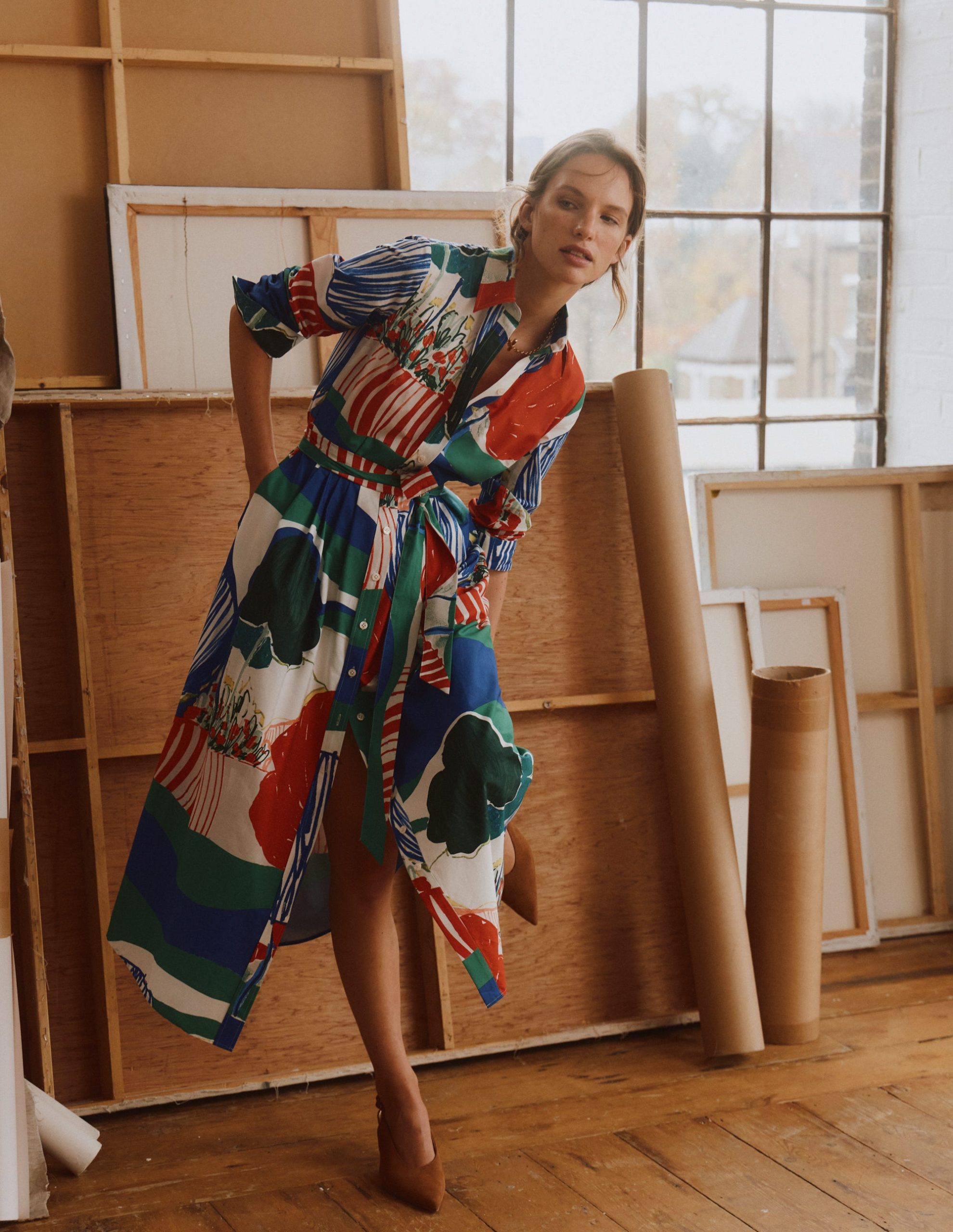 Alexa Cotton Midi Shirt Dress-Multi Abstract Valley - Image 7