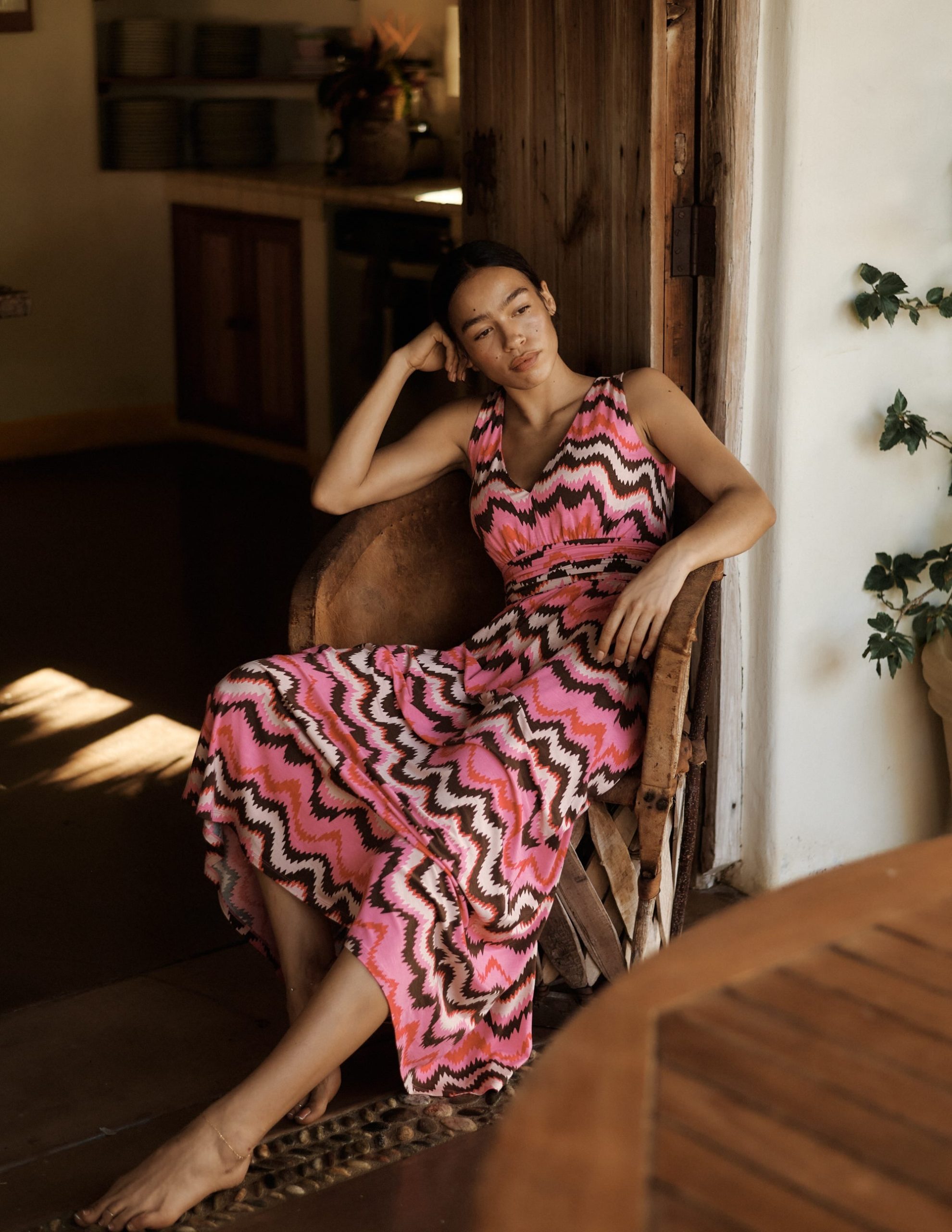 Elodie Jersey Maxi Dress-Pink Punch. Zig Zag Wave - Image 6