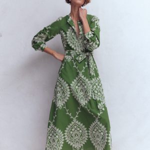 Ava Cotton Midi Dress-Green Broderie