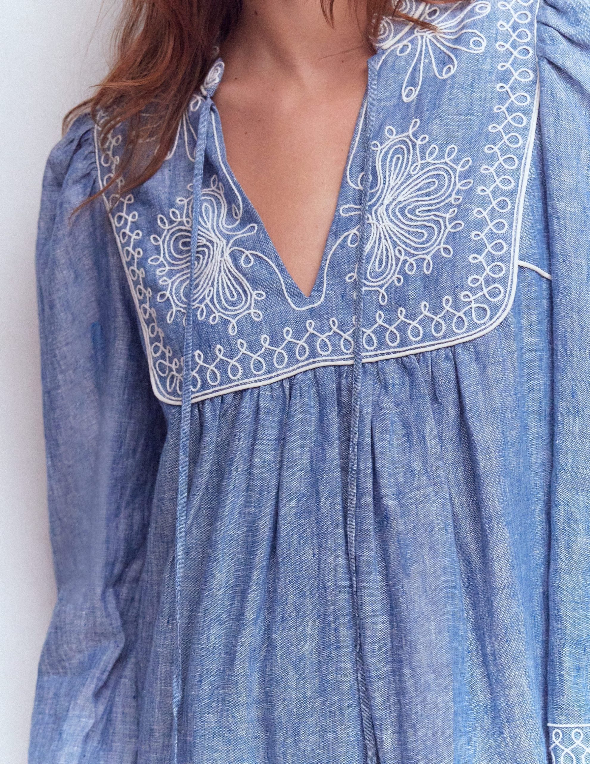 Pia Linen Yoke Tassel Dress-Chambray Embroidery - Image 2