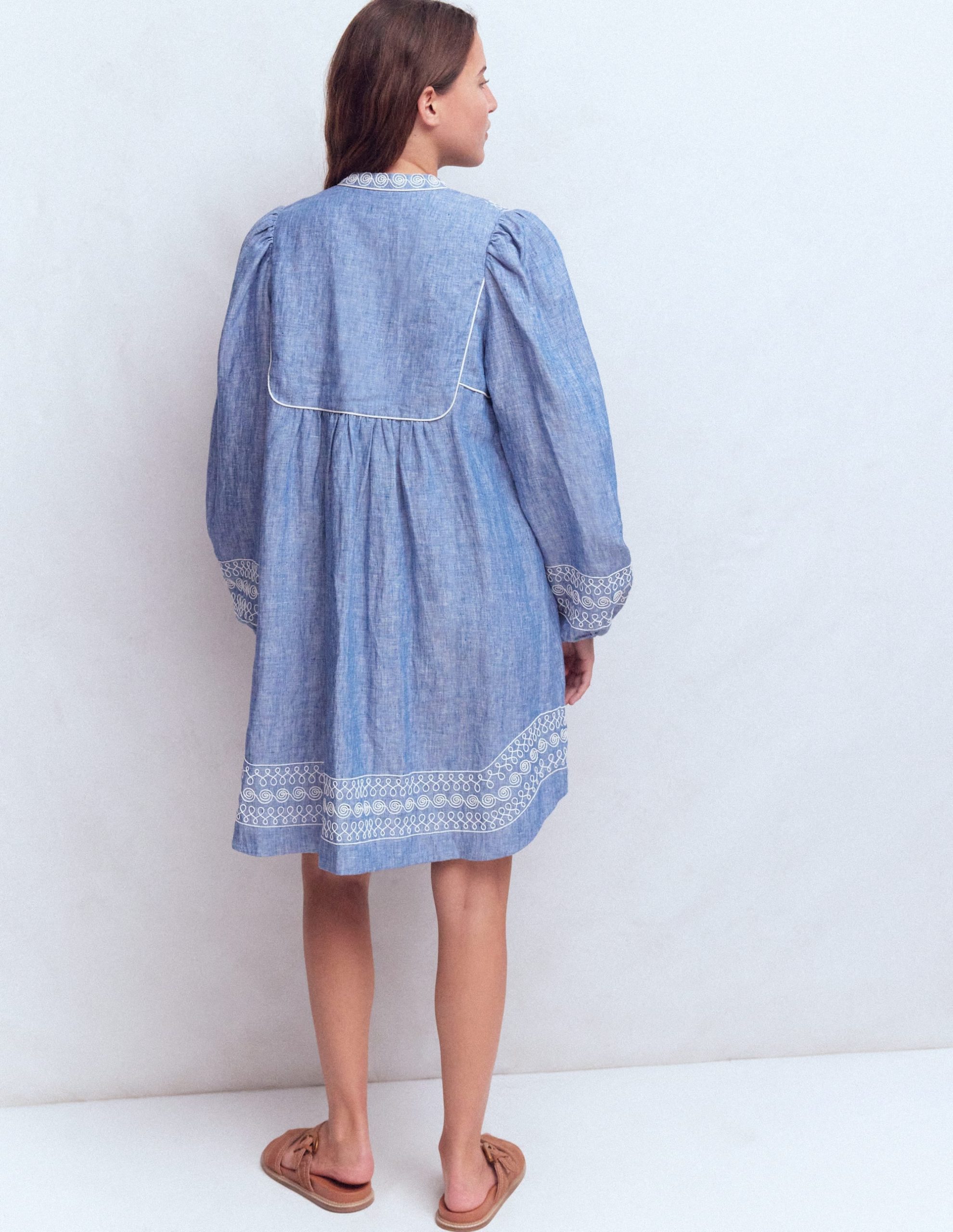 Pia Linen Yoke Tassel Dress-Chambray Embroidery - Image 3