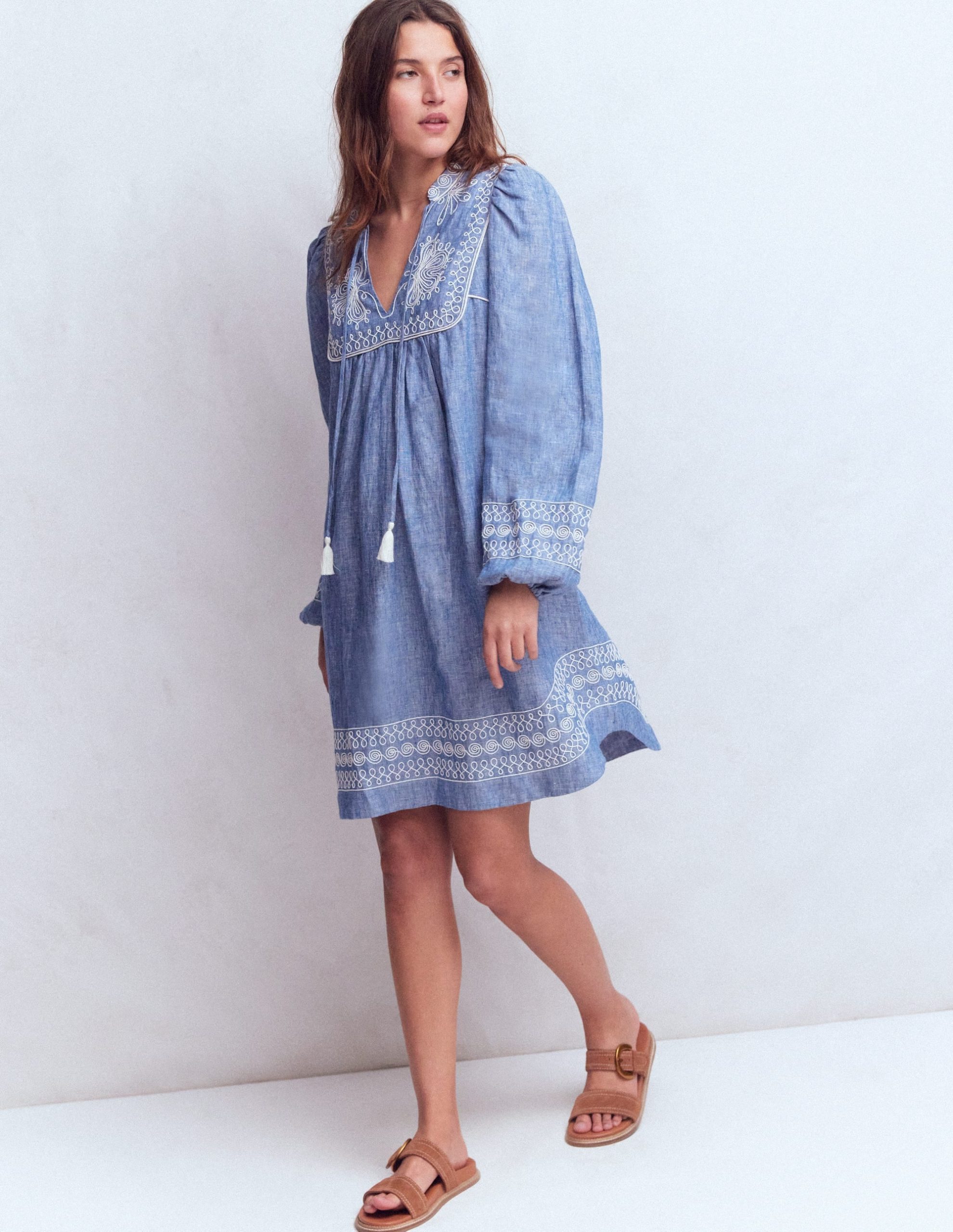 Pia Linen Yoke Tassel Dress-Chambray Embroidery - Image 4