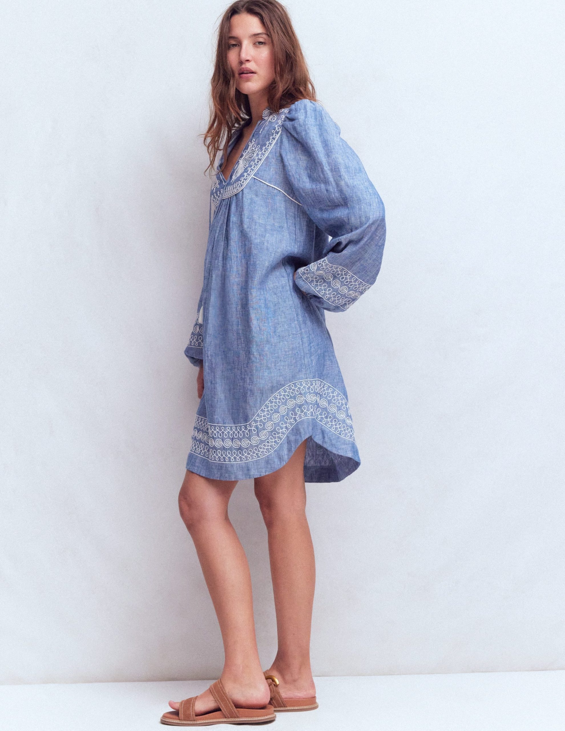 Pia Linen Yoke Tassel Dress-Chambray Embroidery - Image 5
