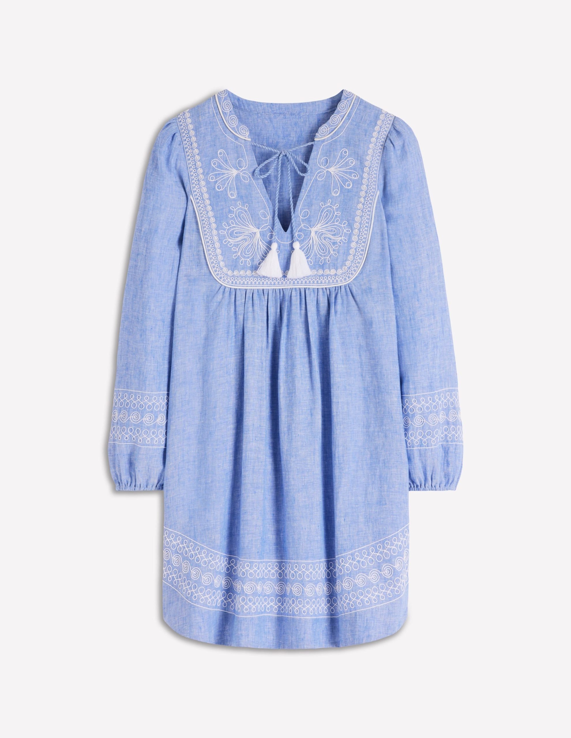 Pia Linen Yoke Tassel Dress-Chambray Embroidery - Image 7