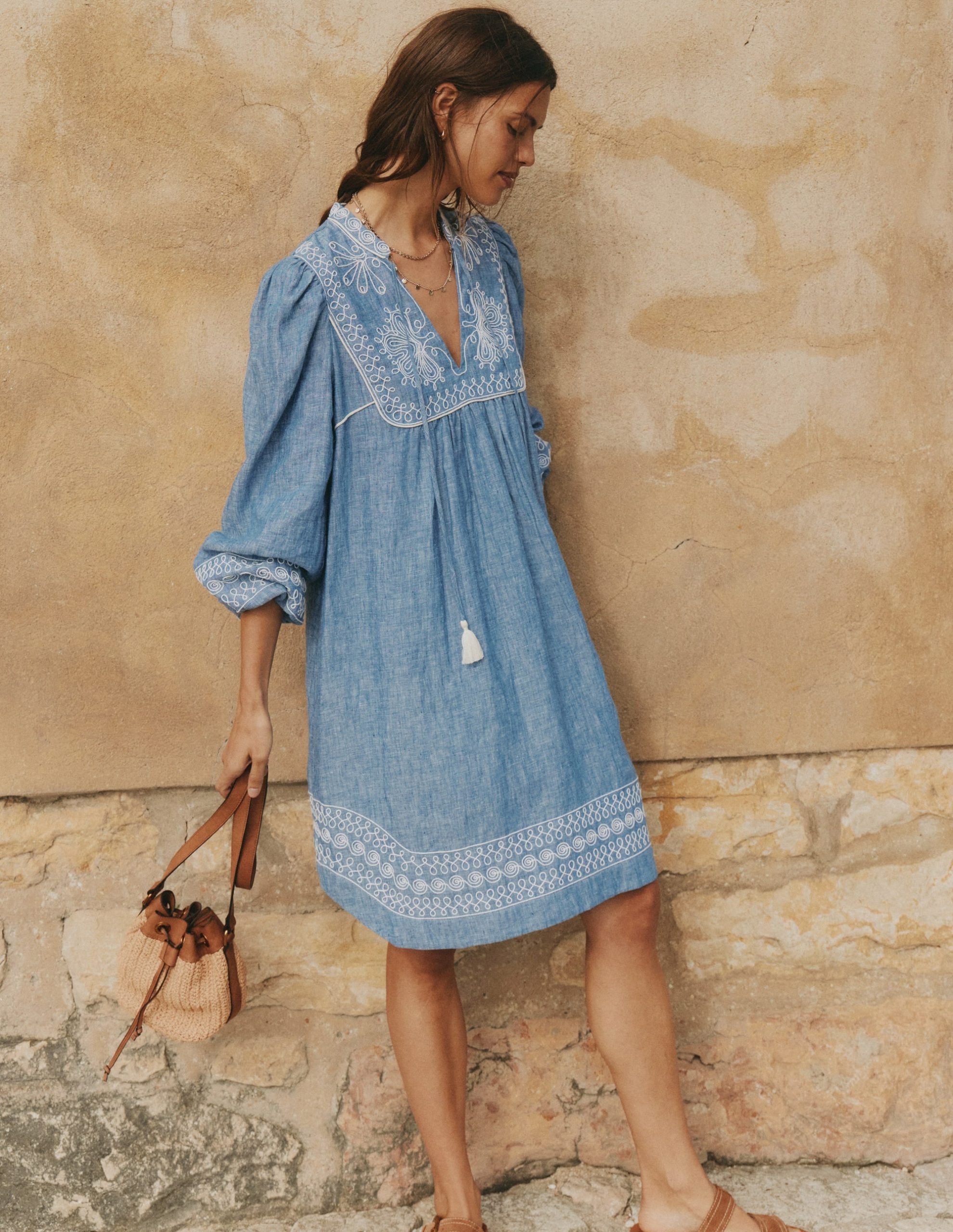 Pia Linen Yoke Tassel Dress-Chambray Embroidery - Image 6