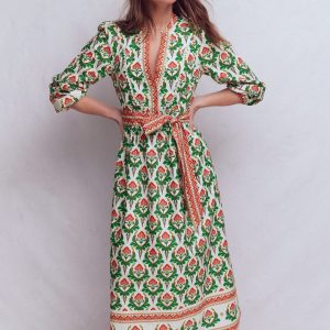 Cary Cotton Midi Dress-Multi. Ornamental Stamp