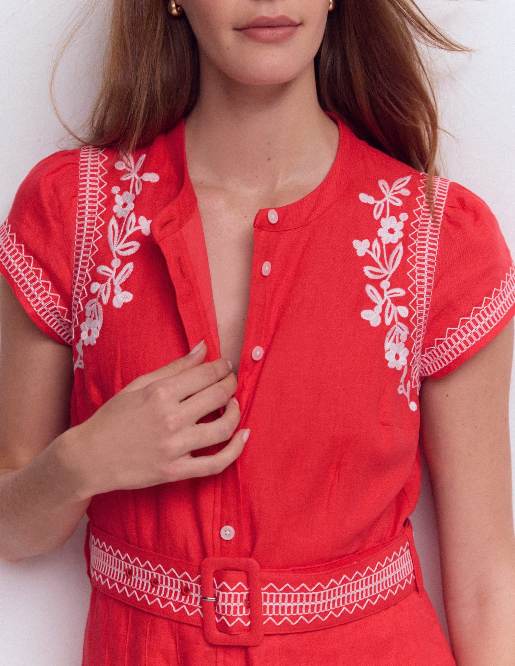 Arabella Linen Blend Dress-Red Embroidery - Image 3