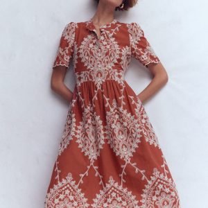 Ivy Button Cotton Midi Dress-Rust Embroidery