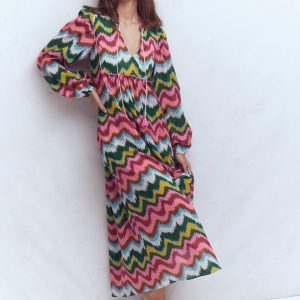 Boho Tie Neck Kaftan-Multi. Zig Zag Wave